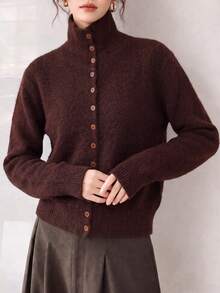 Women's Vintage Brown Knitted Cardigan, High Neck Button Long Sleeve Regular Fit, Suitable For Autumn/Winter, Slightly Elastic And Comfortable - Coffee Brown - View 3