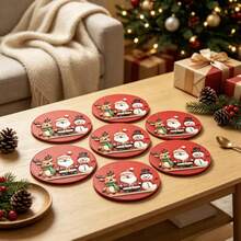 6/1pc Christmas Wooden Coasters Set, 2D Flat Santa Reindeer Snowman Round Wood Cup Mat, Table Protection Coaster, Xmas Tabletop Decoration, Great Holiday Gift For Coffee Bar - Red - View 2