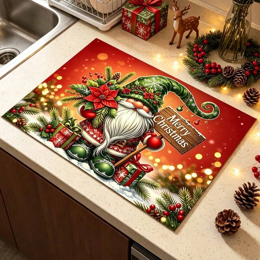 1pc Christmas Pattern Kitchen Dish Drying Mat, Coffee Machine Mat, Suitable For Tabletop Dish Placement Protection, Perfect For Christmas Home Decor, Multi-Purpose Drying Mat, Home Gift, Tabletop Decoration