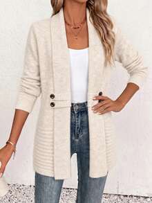 Autumn And Winter Women's Plus-Size Casual Double-Breasted Shawl-Collar Cardigan, Elegant Solid-Color Soft Knit Sweater Jacket For Women. - Apricot - View 3