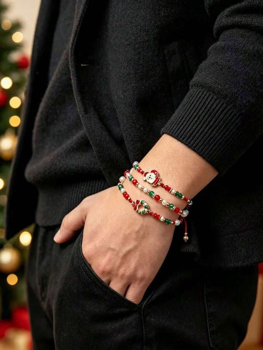 3Pcs/Set Men Women's Christmas Charm Beaded Bracelet, Adjustable String Stackable Bracelets, Holiday Party Jewelry Gift For Lover - Multicolor - View 1
