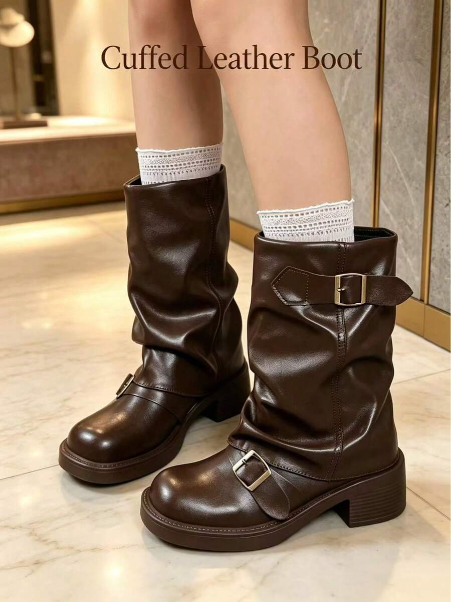 1 Pair Casual Mid-Calf Ruched Boots..Great Choice For Outdoor Shopping, Vacation, Leisure And Entertainment, Shopping Mall - Brown - View 1