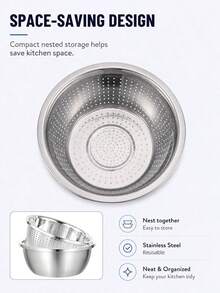 2pcs Stainless Steel Colander Set (Colander + Washing Basin), Large Capacity Stackable Storage, For Washing Vegetables, Fruits, Noodles And Draining Pasta And Beating Eggs, Suitable For Kitchen Food Storage, Cooking, Baking And Cleaning, Kitchen Storage Supplies, Fruit Drainage Basket, Storage Basket, Vegetable Strainer - Multiple Sizes - View 8