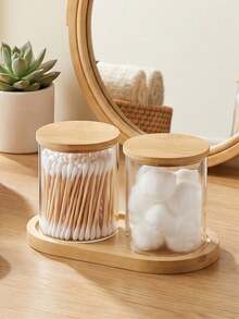 Modern Bathroom Storage Jar Set With Bamboo Tray, 2 Clear Q Tip And Cotton Ball Holders With Bamboo Lids For Vanity Countertop Decor - Multicolor - View 7