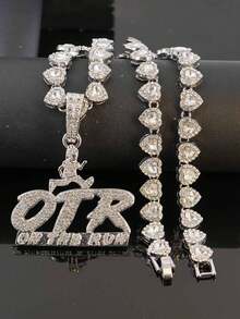 OTR Letter Full Rhinestone Pendant Necklace Heart-Shaped Diamond Chain Men's Hip-Hop Accessory ON THE RUN Street Rap Fashion - OTR Pendant Necklace - View 6