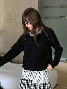 Áo cardigan len nữ phong cách Hàn Quốc, mềm mại, phối patchwork kẻ caro, cổ tròn, gấu bèo nhún, thời trang đa năng cho mùa thu/đông - màu đen - Xem 5