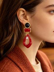 2pcs Bohemian Colorful Resin Round Water Drop Rhinestone Pendant Earrings, Casual Daily Outfit Accessory Gift - Water Drop - View 4
