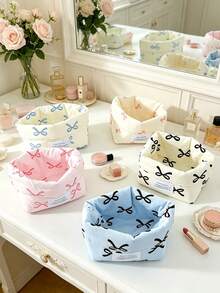 1pc Cute Bow Print Fabric Storage Basket Foldable Desktop Cosmetic Organizer Bin Portable Makeup Holder Box Small Sundries Accessories Storage Bucket - Multicolor - View 3