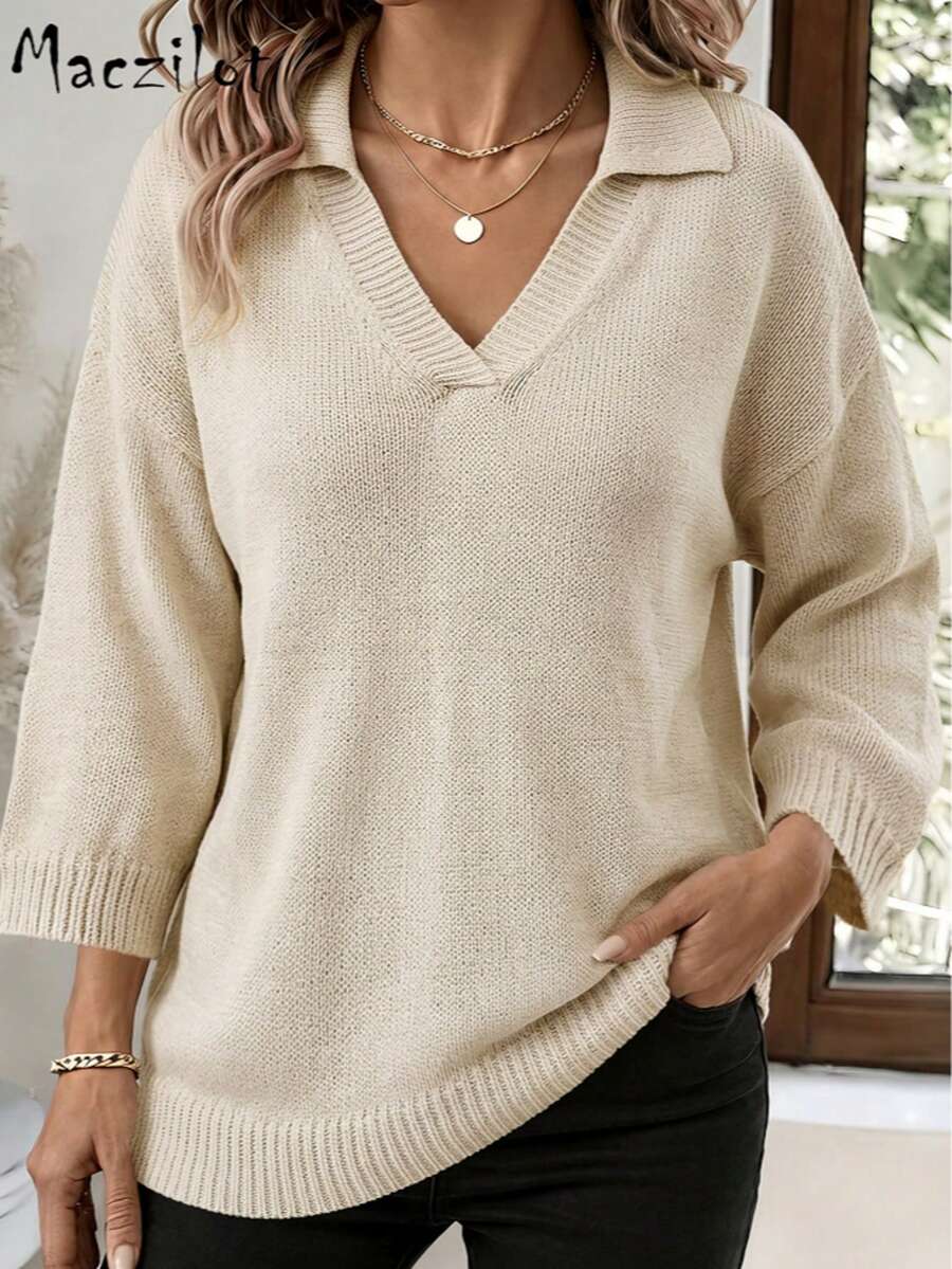 Plus Size Women Fall Winter Lapel V-Neck 3/4 Sleeve Pullover Sweater, Elegant Loose Knit Top For Commute & Datee - Beige - View 1