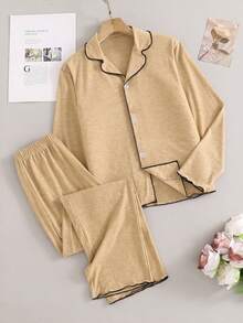 Lurzo Autumn And Winter Two Pieces Brown Girl's Lapel Cardigan Long Sleeved Loose Casual Pants Home Outfit, Soft And Comfortable, Party/Family Pajamas - Brown - View 4