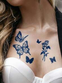 Stiker Tato Semi-Permanen Ajaib Jus Herbal, Motif Ular Mawar Kupu-kupu, Tahan Lama 14 Hari, Tidak Pudar, Tidak Memantulkan Cahaya, Stiker Tato Sementara untuk Lengan, Bahu, Leher, Tulang Selangka, Badan, 1 buah/Paket - Biru - View 4