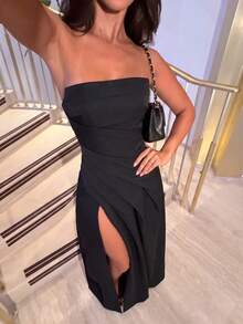 Women's Elegant Sleeveless Strapless Ruched Design Slit Party Formal Dress - Black - View 3