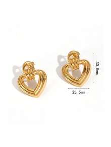 1pair Stainless Steel Retro Heart Shape Statement Earrings For Women, 316L Stainless Steel Earrings, Waterproof Earrings, Gift For Her - Gold - View 2