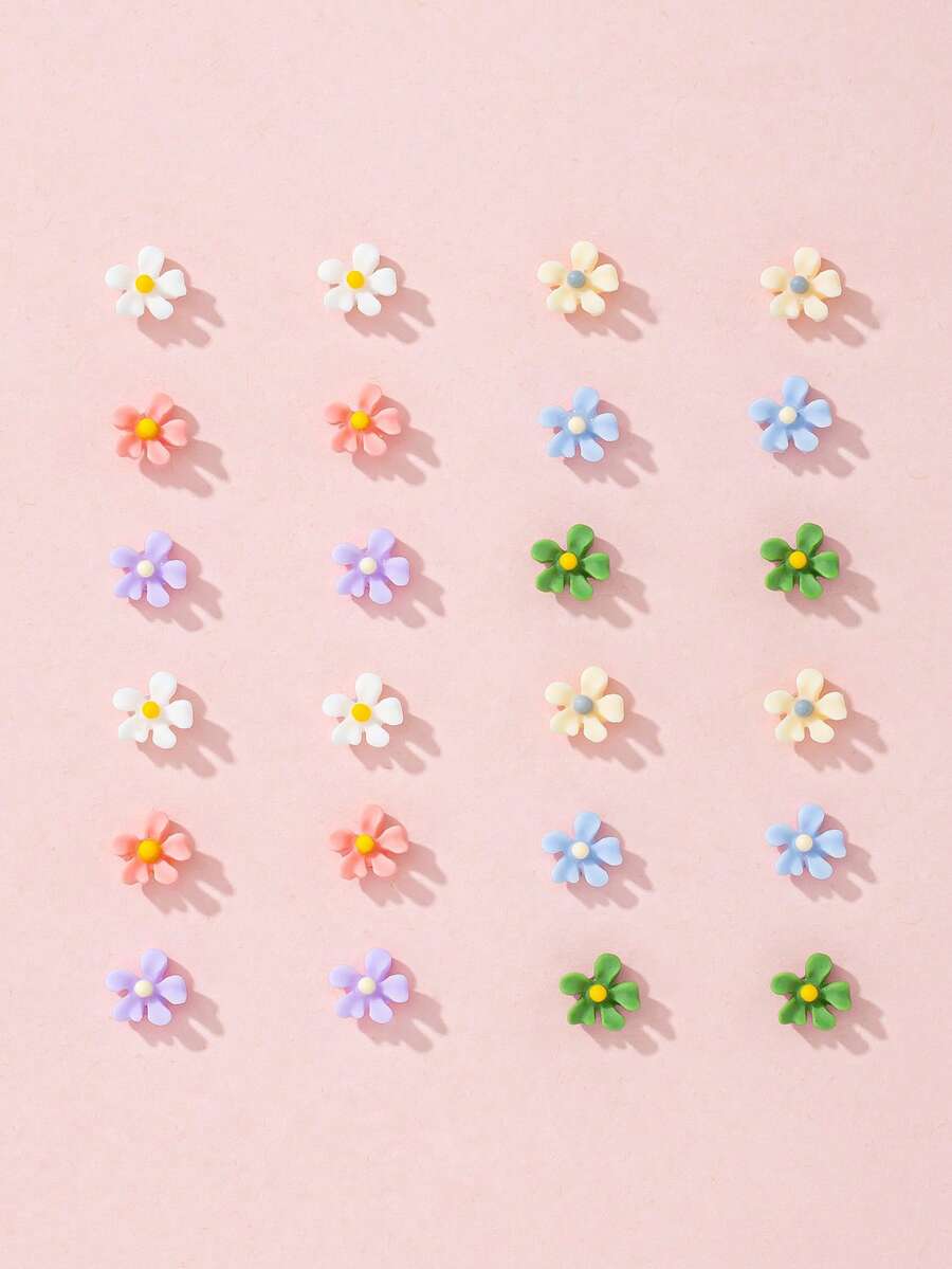 12 Pairs Boxed Women's Stud Earrings, Simple & Exquisite Multi-Color Fresh Floral Earrings, Suitable For Daily Wear, Dating, Outings, Vacation, Beach, Holiday Gift - Multicolor - View 1