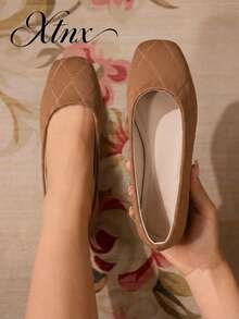 Women's Vintage Versatile Stitched Diamond Pattern Low-Cut Low-Top Flat Shoes - Brown - View 1