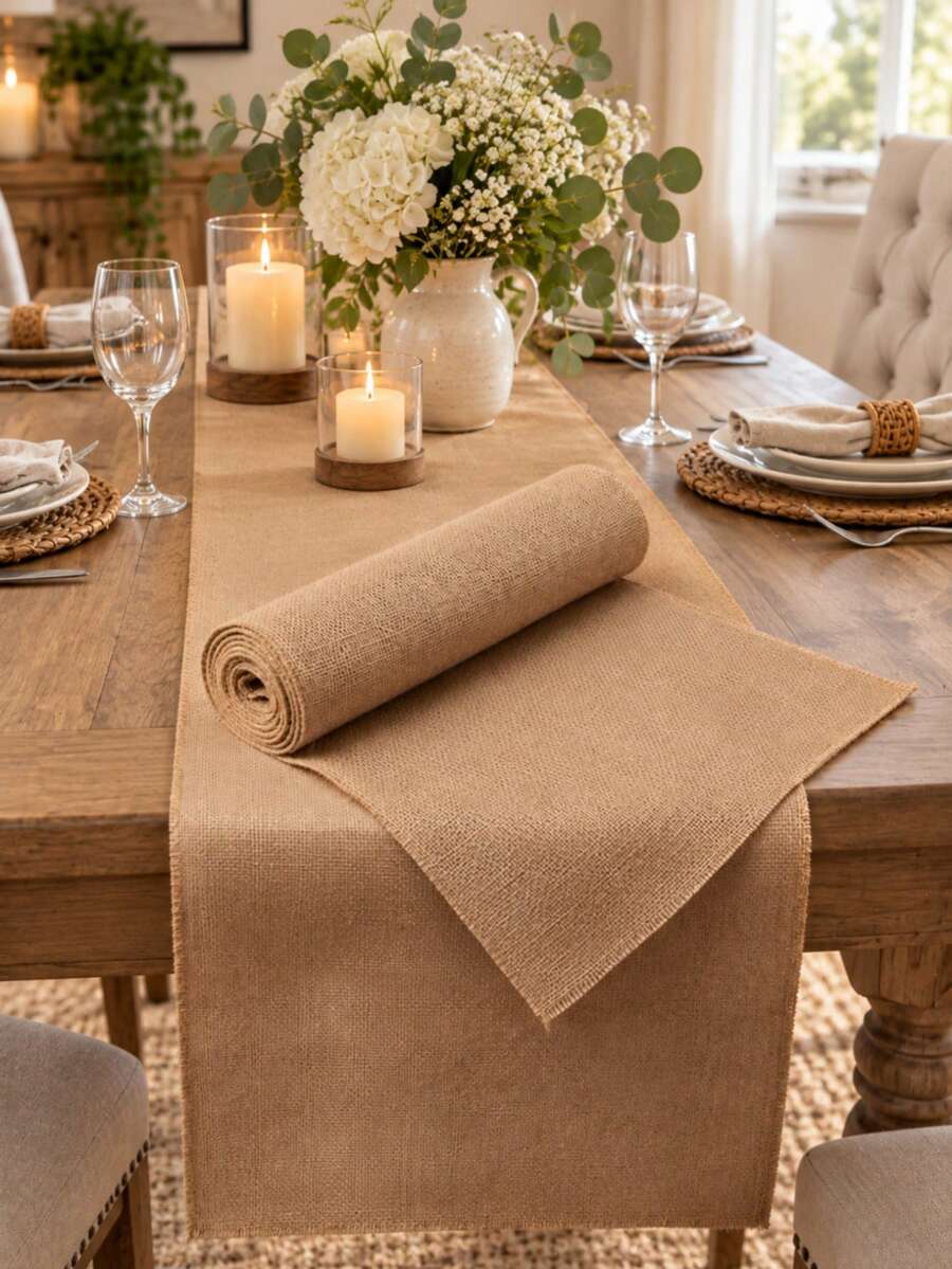 Natural Burlap Woven Table Runner, Rustic Farmhouse Linen Table Scarf, Reusable Washable Solid Color Table Decor, Multi-Scene Centerpiece Ornament For Wedding, Bridal Shower, Baby Shower, Birthday Party, Forest Picnic & Holiday Celebration. - Linen Table Runner - View 1