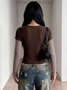 Knitted Cotton Striped Crew Neck Colorblock Top, Suitable For Casual Daily Wear - Chocolate Brown - View 4