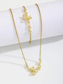 2pcs/Set Cute Sparkling Bowknot Zirconia Gold Tone Necklace Bracelet Children Jewelry For Girls Dainty Daily Wear Party Gift Back To School - Gold - View 4