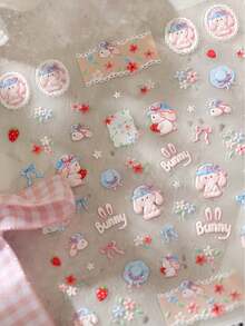 1pc Full Nail Size 5D Embossed Nail Stickers, Cute Strawberry Rabbit Bow Heart Lace Pattern, Japanese Style Creamy 3D Textured Design, Autumn Winter Christmas Party DIY Nail Art Decor - Multicolor - View 5