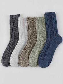 Men's 5 Pairs Random Color Retro Cable Knit Mid Calf Socks, Thick Warm Textured Crew Socks For Autumn Winter Daily Wear - Multicolor - View 1
