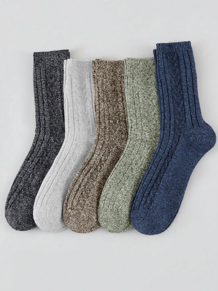 Men's 5 Pairs Random Color Retro Cable Knit Mid Calf Socks, Thick Warm Textured Crew Socks For Autumn Winter Daily Wear - Multicolor - View 1
