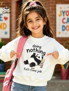 سويت شيرت أطفال أبيض بياقة دائرية، تصميم "doing nothing" باندا مستلقٍ يلعب بالهاتف مع شاي حليب باللؤلؤ، طباعة كرتونية مرحة، أكمام طويلة - أبيض - مشاهدة 1