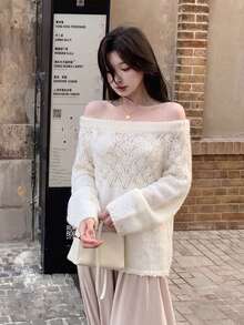 Autumn/Winter New Gentle Style Bow Hollow Lace-Up Knit Sweater Mid-Length Soft Fluffy Cold Shoulder Long Sleeve Top - Apricot - View 2