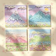 Ins Style 3D Brushstroke Oil Painting Sticky Notes, Home Desk Decor, Romantic Mountain & Flower Landscape Memo Pads, 1 Set Of 4 Designs, Suitable For Journal Decoration - Multicolor - View 6