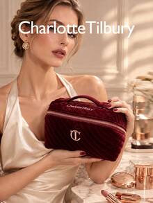 Charlotte Tilbury L Size 20*11*11cm Portable Travel Makeup Bag, Soft Velvet Quilted Cosmetic Storage Bag, Zipper Large Capacity Makeup Organizer, Suitable For Complete Makeup Set - Burgundy - View 7