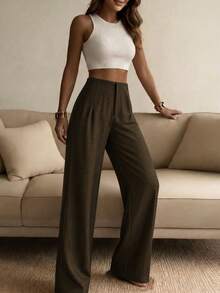 Women's Solid Color Wide Leg Straight Casual Pants, Minimalist Business Versatile Commuter Trousers Spring Brown, Work To Weekend - Brown - View 2