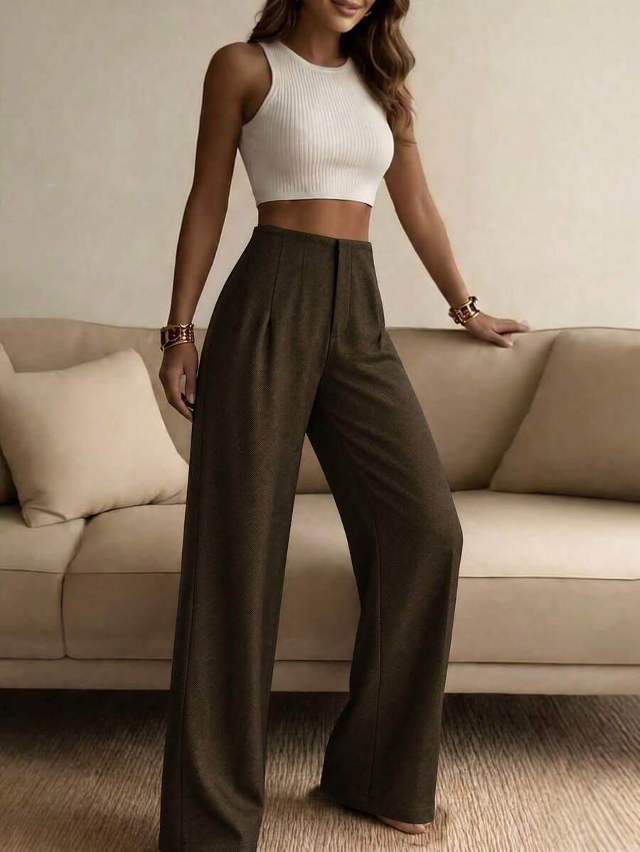 Women's Solid Color Wide Leg Straight Casual Pants, Minimalist Business Versatile Commuter Trousers Spring Brown, Work To Weekend