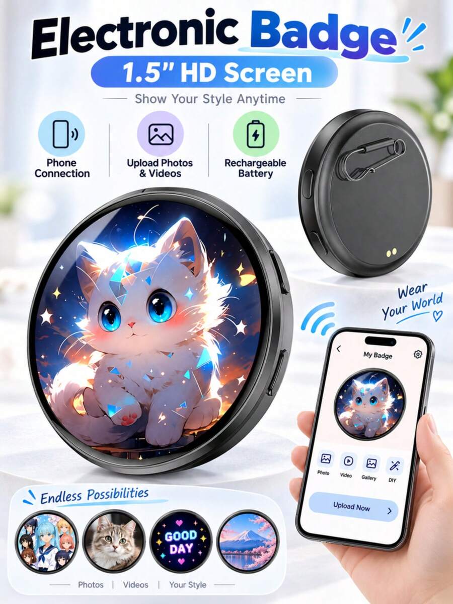 Electronic Badge With Display, Dynamic Touch, High Frame Rate, 240mAh Battery Life, USB Magnetic Charging, Anime Brooch & Digital Badge Compatible With Anime Fans To Wear On Occasions, Cosplay And Concerts