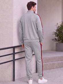 Men's Casual Sports Outfit Spring Autumn, Lapel Pullover Sweatshirt + Jogger Pants Two Pieces Set, Daily Work Fitness Running Wear Men's Suit - Light Grey - View 3