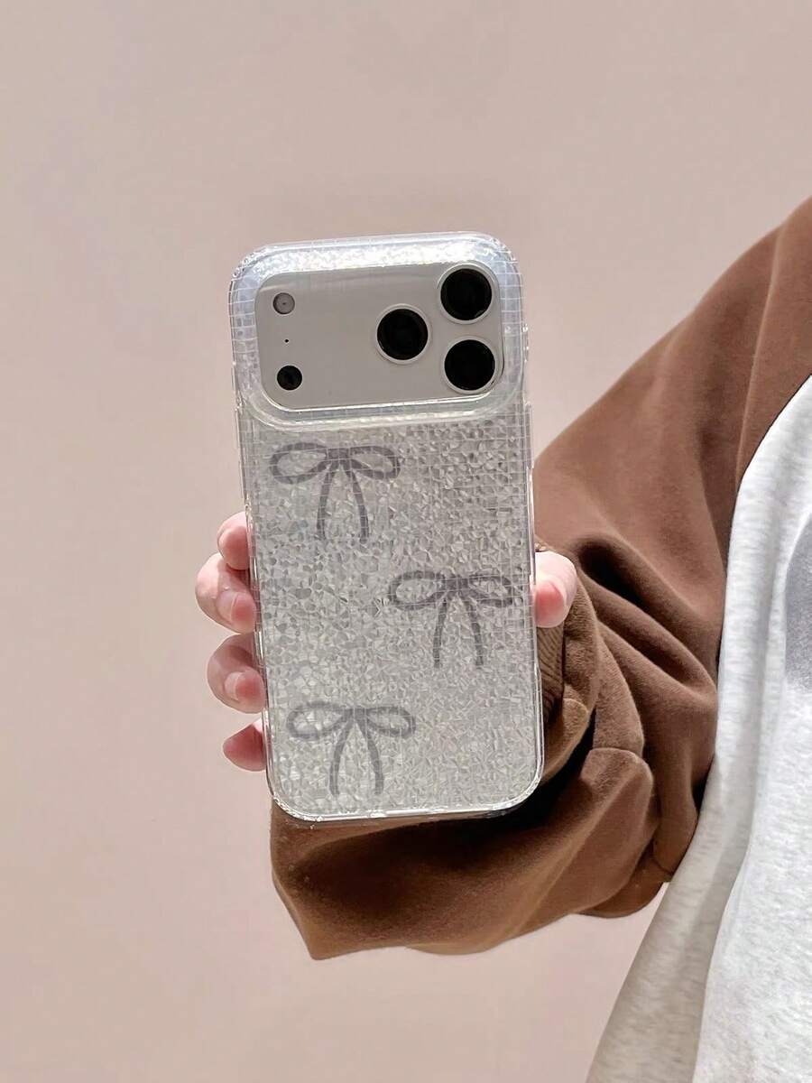 بطانية هاتف فاخر مزين بفيونكة براقة متوافق مع أبل 17 برو، تصميم إبداعي مخصص 18 برو ماكس، عالي الجودة 15 برو، مقاوم للصدمات 16 موديل جديد، 15 طبقة مزدوجة، 18 حماية كاملة للحواف - فضي - مشاهدة 1