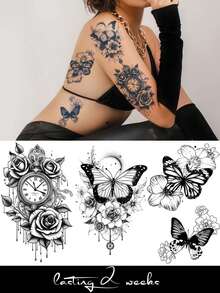 1pc Herbal Juice Semi-Permanent Magic Tattoo Sticker, Vintage Rose Clock Butterfly Pattern, Long-Lasting 14 Days, No Fading, No Reflection, Temporary Tattoo For Arm, Waist, Abdomen, Leg And Body - Blue - View 1