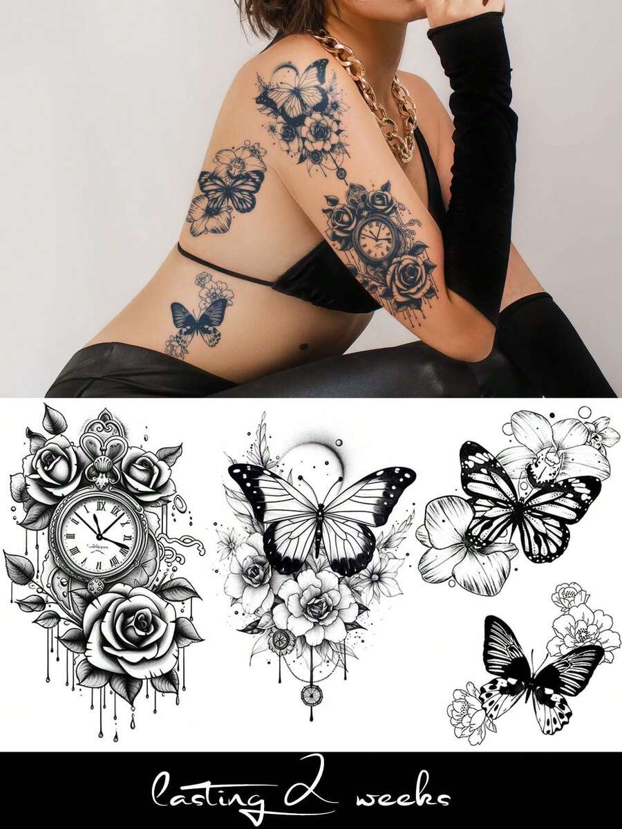 1pc Herbal Juice Semi-Permanent Magic Tattoo Sticker, Vintage Rose Clock Butterfly Pattern, Long-Lasting 14 Days, No Fading, No Reflection, Temporary Tattoo For Arm, Waist, Abdomen, Leg And Body - Blue - View 1