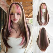 NAMM 26 Inch Brown & Pink Highlight Wig With Bangs Long Layered Straight Hair Wigs ForWomenNatural Looking Synthetic Heat Resistant Fiber Wig For Daily Wear, Hallowmas Party Cosplay Use - Multicolor - View 16
