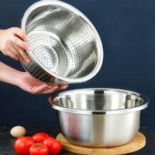 2pcs Stainless Steel Colander Set (Colander + Washing Basin), Large Capacity Stackable Storage, For Washing Vegetables, Fruits, Noodles And Draining Pasta And Beating Eggs, Suitable For Kitchen Food Storage, Cooking, Baking And Cleaning, Kitchen Storage Supplies, Fruit Drainage Basket, Storage Basket, Vegetable Strainer - Multiple Sizes - View 3