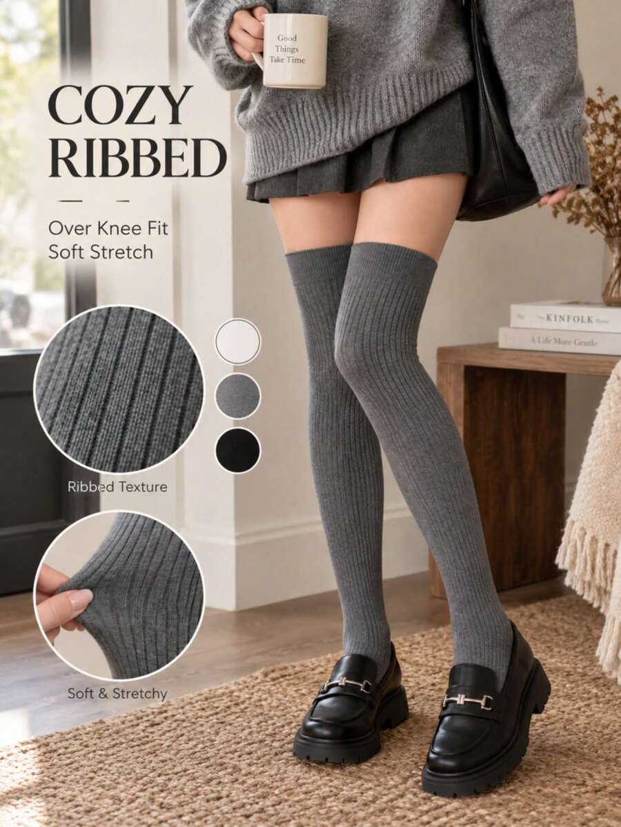 1 Pair Women's Ribbed Knit Thigh High Socks, Soft Stretch Thigh High Stockings, Cozy Preppy Socks For Fall Winter, School & Daily Wear - Multicolor - View 1
