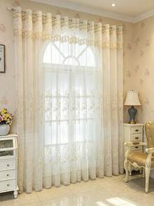 1pc Rod Pocket Luxury European Style Gold Thread Vine & Floral Embroidered Sheer Curtain, Wavy Top Edge, Semi-Sheer Decorative Window Sheer For Home Living Room And Bedroom - Multicolor - View 1
