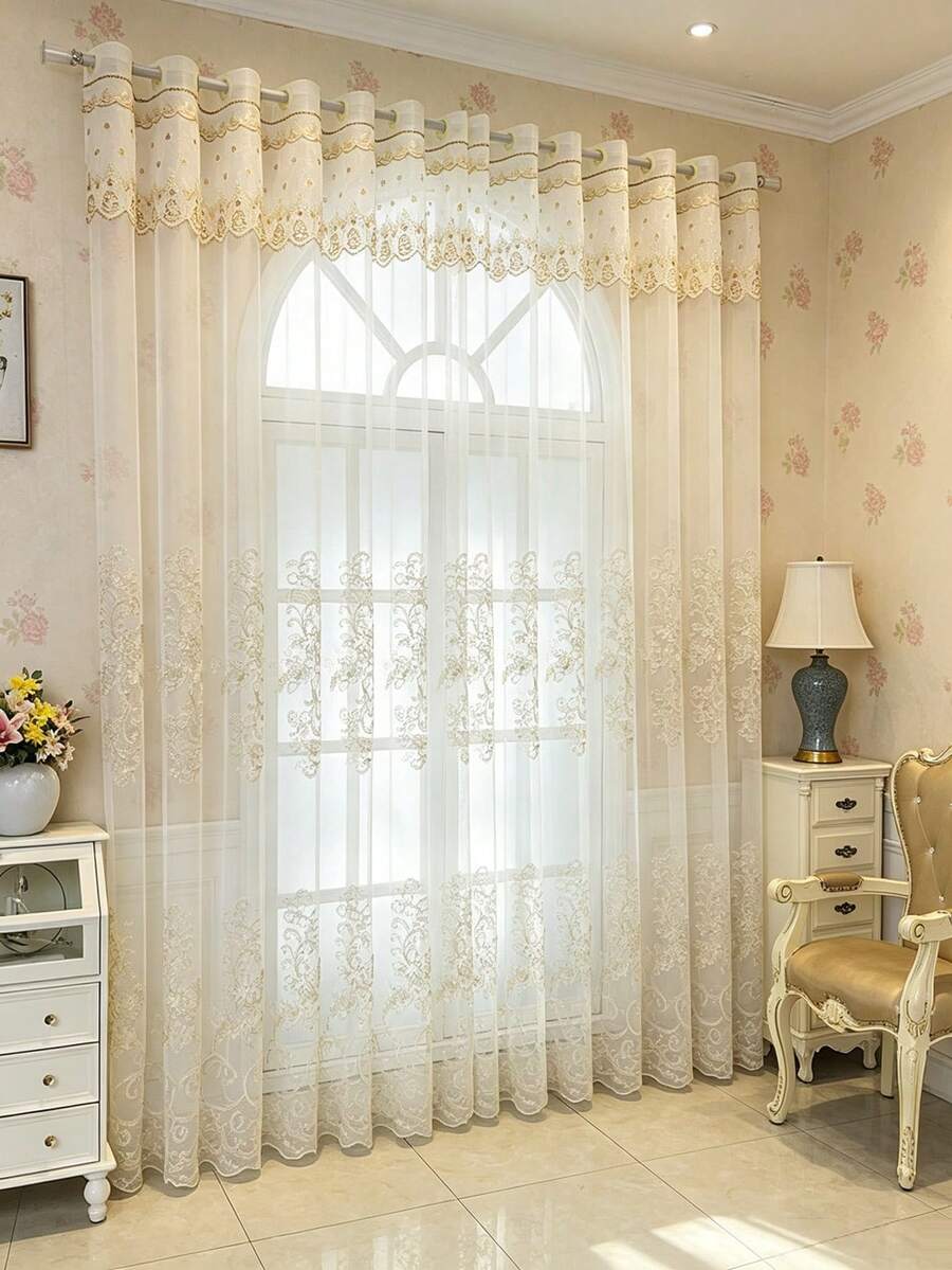 1pc Rod Pocket Luxury European Style Gold Thread Vine & Floral Embroidered Sheer Curtain, Wavy Top Edge, Semi-Sheer Decorative Window Sheer For Home Living Room And Bedroom - Multicolor - View 1