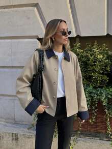 Women's Khaki Contrast Collar Button Front Jacket Long Sleeve Loose Fit Casual Trench Coat Outerwear - Khaki - View 6