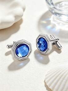 1/2 Pairs Men Blue Crystal Cufflinks, Square & Octagon Metal Cuff Links, French Shirt Cuff Buttons For Wedding Business Gift - Royal Blue - View 1