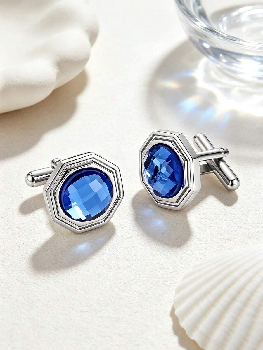1/2 Pairs Men Blue Crystal Cufflinks, Square & Octagon Metal Cuff Links, French Shirt Cuff Buttons For Wedding Business Gift - Royal Blue - View 1