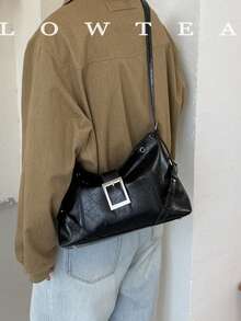 low tea 1 buah Tas Bahu Minimalis Fashion dengan Gesper, Bahan PU, Cocok untuk Bepergian, Berbelanja, dan Lainnya - Hitam - View 11