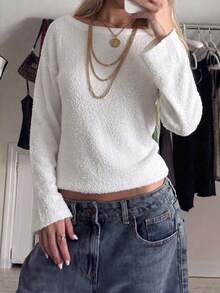 Live To Mo Women's White Round Neck Long Sleeve Pullover Sweater, Casual And Versatile, Chic For Fall Back To School Season, Daily Street Wear - White - View 3