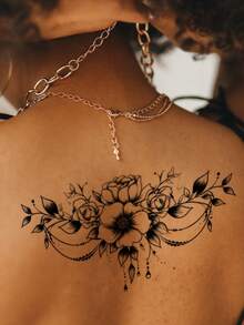1pc Black Minimalist Fashion Floral Branch & Leaf Pattern Temporary Tattoo Sticker, Waterproof Body Skin Tattoo For Party Gift, DIY Holiday Gift, Music Festival, Shoulder, Neck, Collarbone, Back - Black - View 4