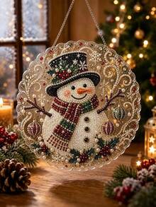 Christmas Pearl Diamond Painting Suncatcher Set 8 Inch, Pre-Assembled Metal Chain, Acrylic Disc With Lace Edge, 3D Mixed Size Pearl Beads, Holiday Window Wall Decor - Set - View 4
