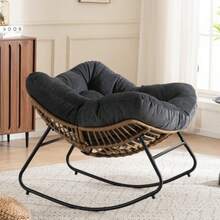 Oversized Egg Rocking Chair, Wicker Rattan Patio Lounge Chair With Thick Cushion, Egg-Shaped Rocker For Balcony, Porch, Garden & Bedroom - Black - View 5