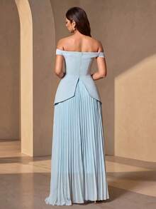 Elegant Sleeveless Off-Shoulder Pleated Long Formal Dress, Embellished With Rhinestones And Beads, Perfect For Prom Or Evening Party Wedding Fall - Baby Blue - View 2